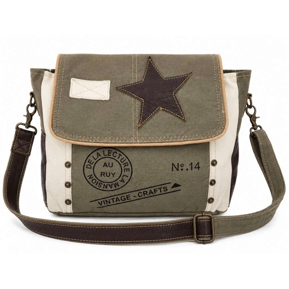 Canvas Messenger Bag Olive Green Leather Trim Crossbody Shoulder Bag Medium